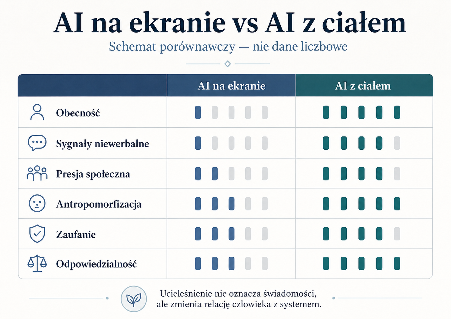 Porównanie AI na ekranie i AI z ciałem pod względem obecności, sygnałów niewerbalnych, presji społecznej, antropomorfizacji, zaufania i odpowiedzialności.