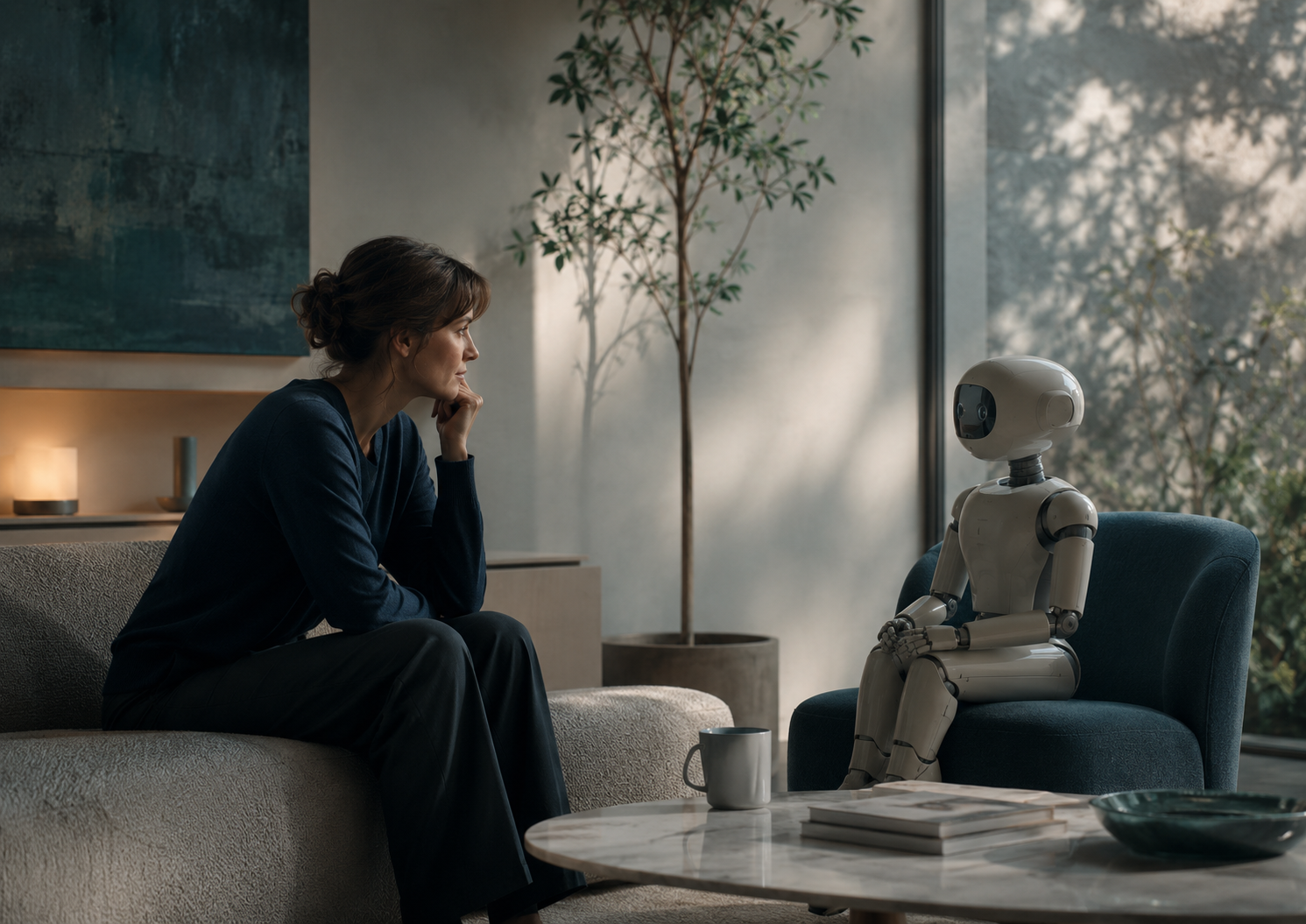 Kobieta siedząca naprzeciw małego robota w spokojnym wnętrzu, pokazująca AI jako obecność w przestrzeni.
