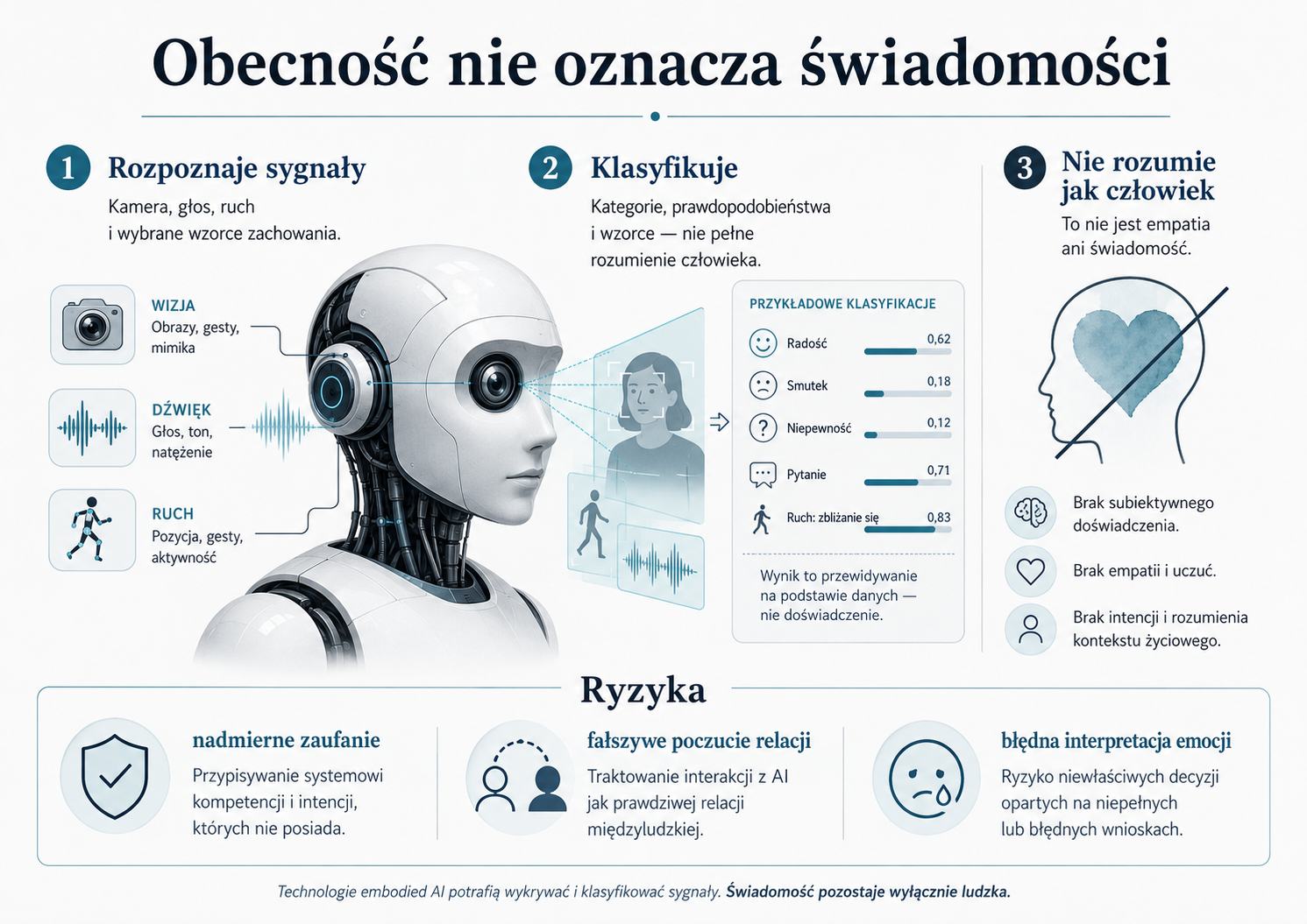 Infografika wyjaśniająca, że embodied AI może rozpoznawać sygnały i klasyfikować wzorce, ale nie oznacza to empatii ani świadomości.
