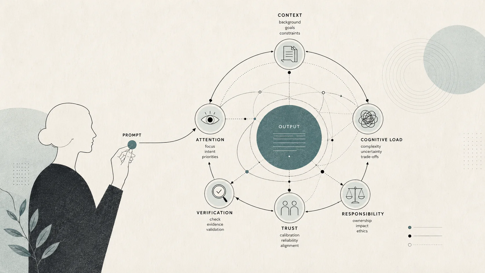 Diagram showing that the prompt is only one part of AI work, alongside context, attention, trust, verification, cognitive load and responsibility.